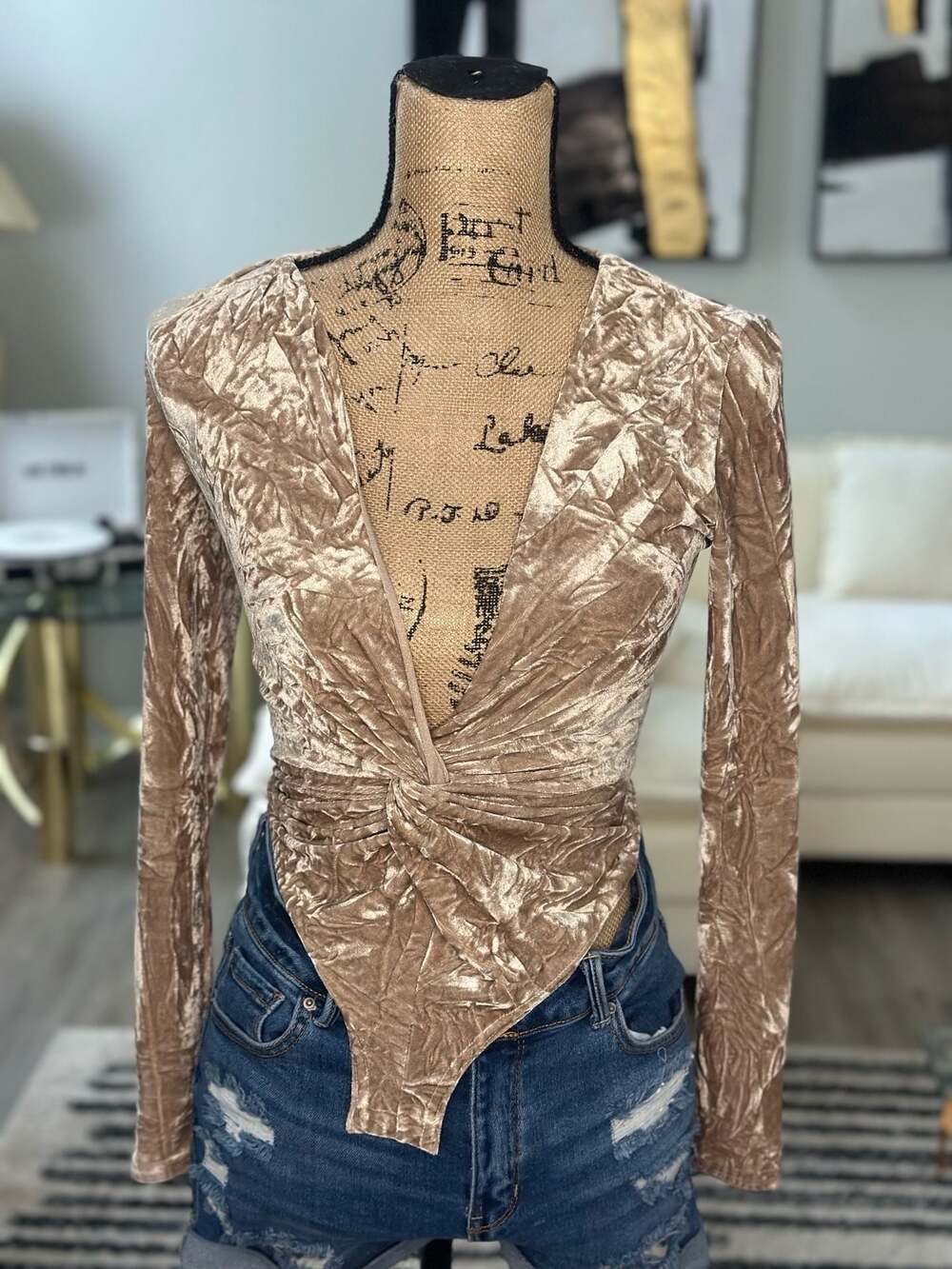 Crushed Velvet Long Sleeve Twist Front Mauve  Bodysuit XS